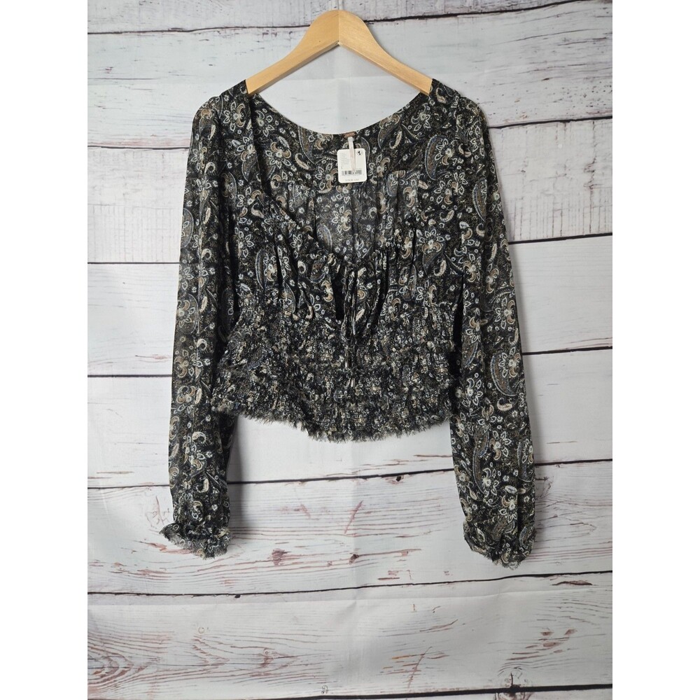 Free People Womens Top Large Black Floral Pouf Sleeve Square Neck Boho NWT
